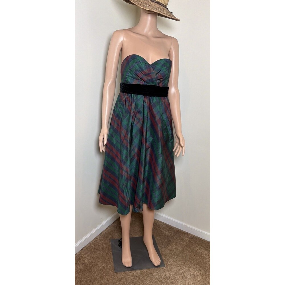 Vintage Kay Unger NY Size 8 Silk Plaid Strapless Dress Velvet Sash Y2K